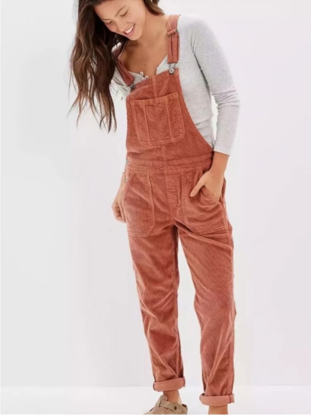 American Eagle Corduroy Bib Overalls Dusty Mauve Clay Pink XL